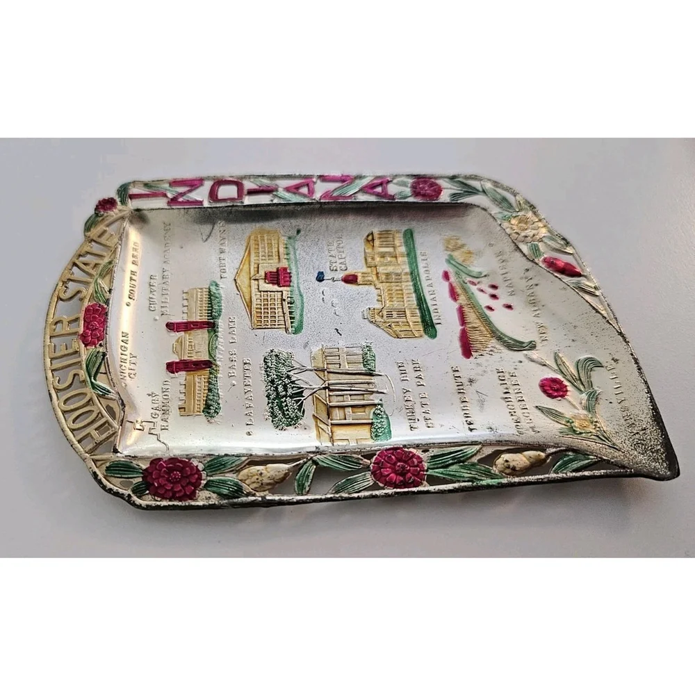 Collectible MCM Indiana Hoosier State Hand-Painted Souvenir Plate VTG Trinket